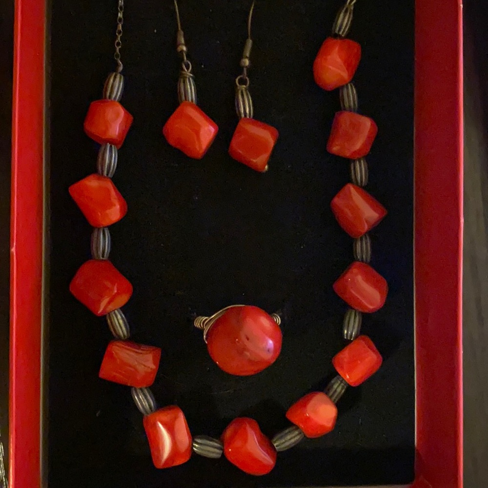 Genuine natural coral and silver jewelry set